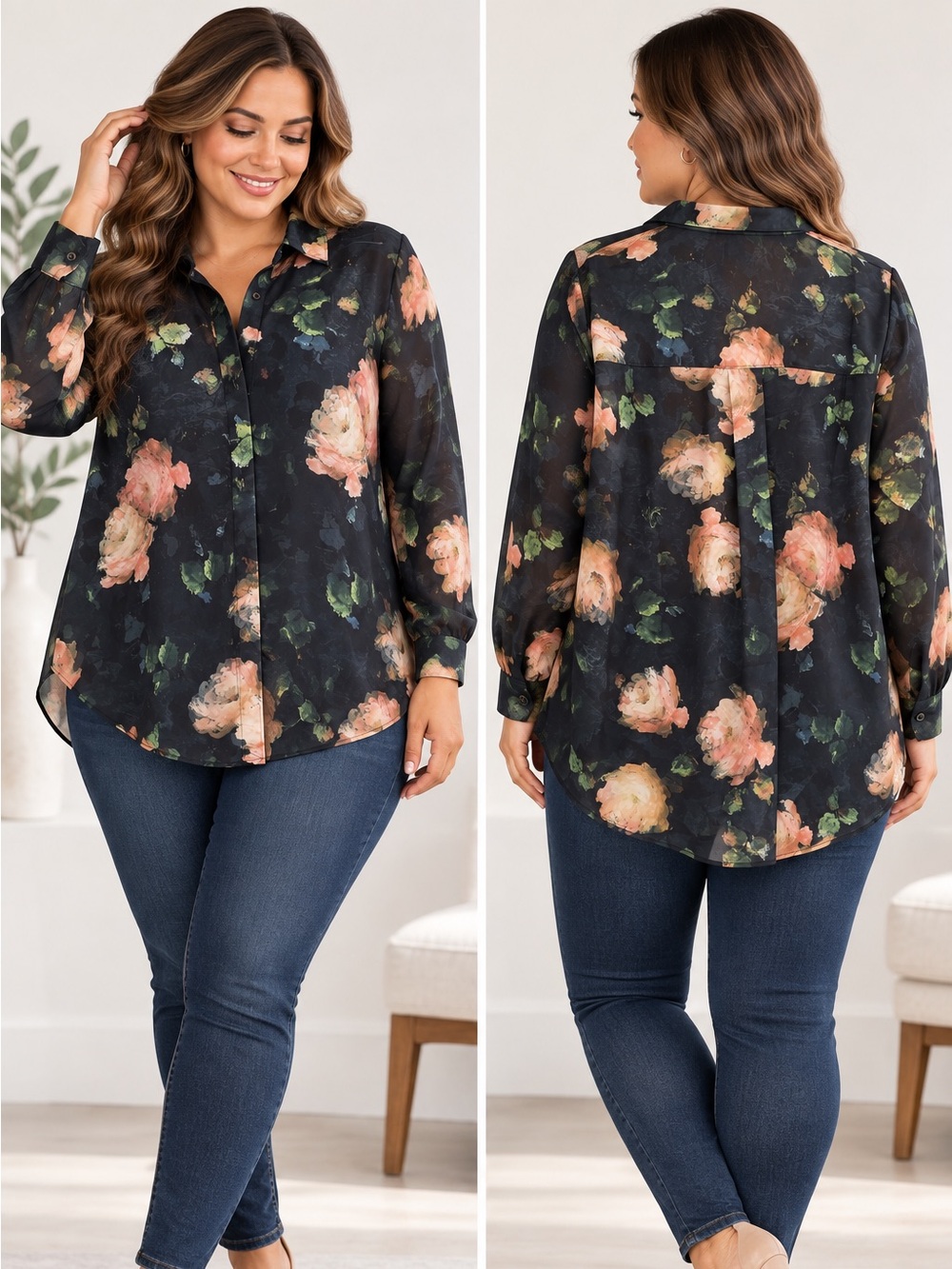 Elie Tahari Woman 1X Black Dark Floral Sheer Blouse Button Down Long Sleeve